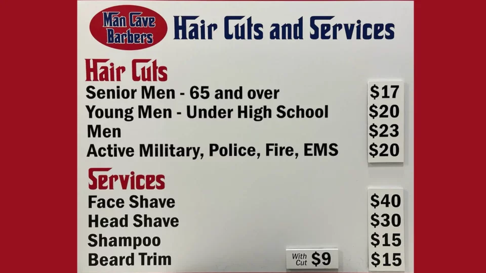 List of services showing the price increases